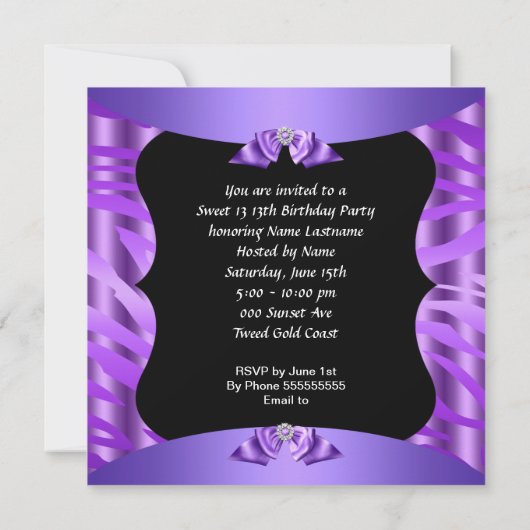 Sweet 13 Niedliche Lila Zebra Black Birthday Party Einladung (Rückseite)