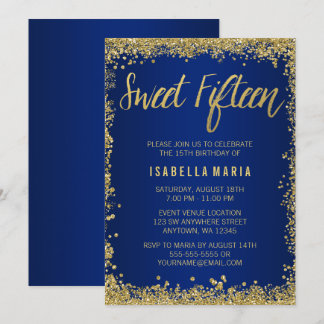 Sweet 15 Blue Gold Glitzer Quinceanera Geburtstag Einladung