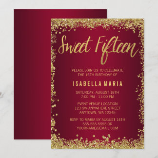 Sweet 15 Burgundy Gold Glitzer Quinceanera Einladung