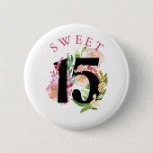 Sweet 15 Floral Number 15. Geburtstag Button (Vorderseite)