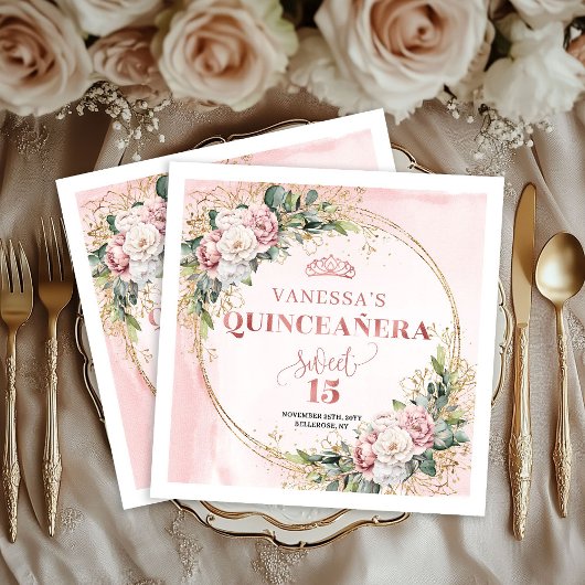 Sweet 15 Napkins with Rose Gold Greenery Accents Serviette
