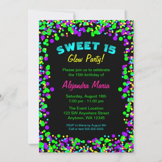 Sweet 15 Neon Glow Confetti Party Einladungen (Vorderseite)