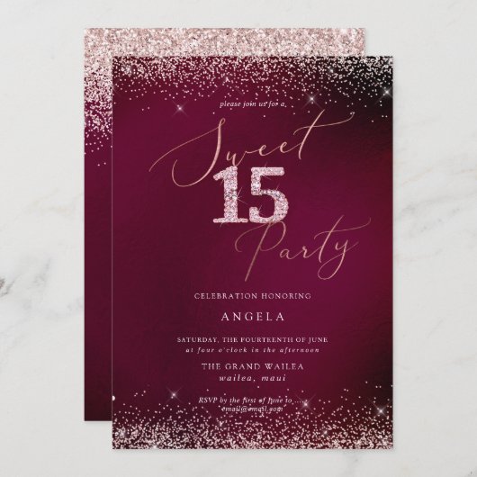 Sweet 15 Pink Diamond Glitzer Burgundy Einladung (Vorne/Hinten)