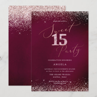Sweet 15 Pink Diamond Glitzer Burgundy Einladung
