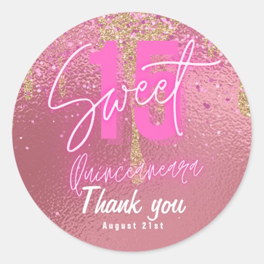 Sweet 15 Pink Glitzer Foil Quinceanera Rose Gold Runder Aufkleber (Vorderseite)