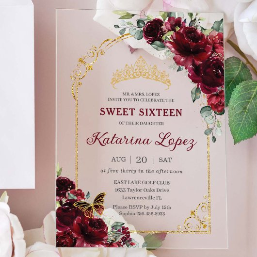Sweet 16 15 Quinceanera Burgundy Floral Gold Arch Acryleinladungen