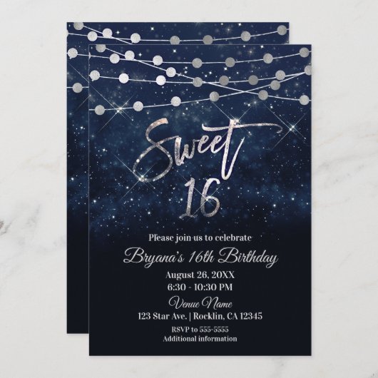 Sweet 16 16 16 blaue & silberne Funkelleuchten Einladung (Vorne/Hinten)