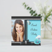 Sweet 16 16 Aquamarin Blue Black Butterfly Einladung (Stehend Vorderseite)