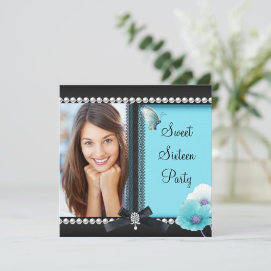 Sweet 16 16 Aquamarin Blue Black Butterfly Einladung (Stehend Vorderseite)