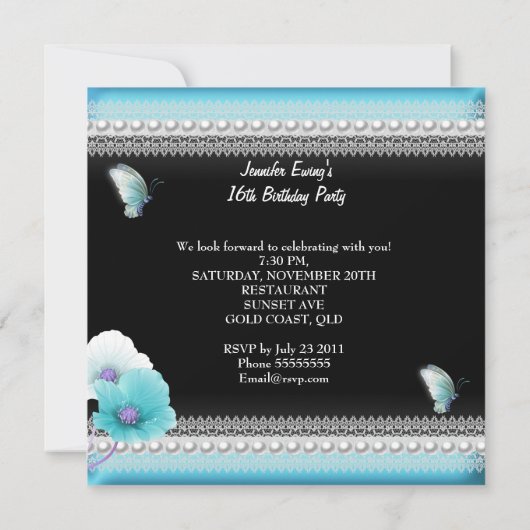 Sweet 16 16 Aquamarin Blue Black Butterfly Einladung (Rückseite)