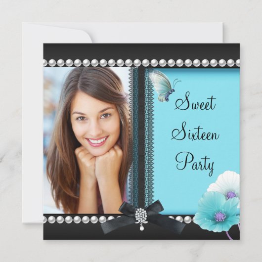 Sweet 16 16 Aquamarin Blue Black Butterfly Einladung (Vorderseite)