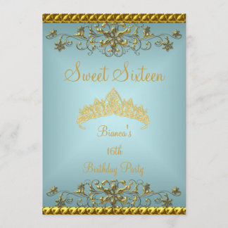 Sweet 16 16. Aquamarin Blue Gold Diamond Tiara Einladung