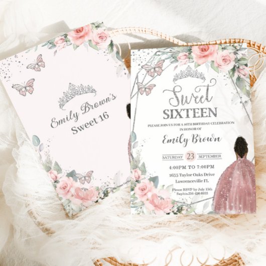 Sweet 16 16 Birthday Blush Bloral Brown Girl Einladung