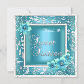 Sweet 16 16 Geburtstag Aquamarin Blue Blume Silver Einladung