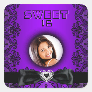 Sweet 16 16 . Geburtstag Lila Black Lace Foto Quadratischer Aufkleber