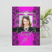 Sweet 16 16 . Geburtstag Pink Black Lace Foto Einladung (Stehend Vorderseite)