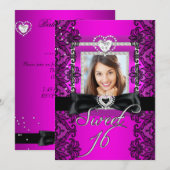 Sweet 16 16 . Geburtstag Pink Black Lace Foto Einladung (Vorne/Hinten)