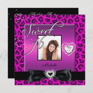 Sweet 16 16 . Geburtstag Pink Black Leopard Foto Einladung