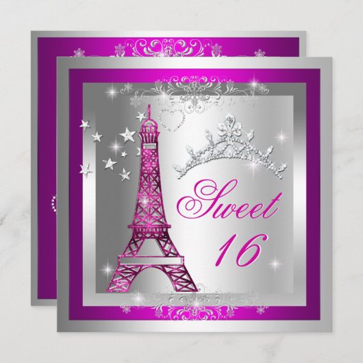 Sweet 16 16 . Geburtstag Pink Tiara Eiffelturm Einladung (Vorne/Hinten)