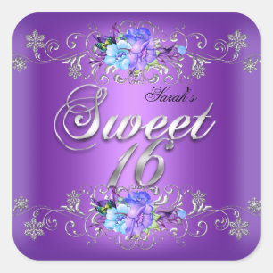 Sweet 16 16 . Geburtstag White Purple Flowers Quadratischer Aufkleber