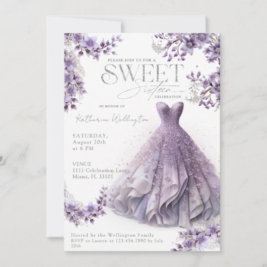 Sweet 16 16 Lila Lilac Dress Floral Einladung (Vorderseite)