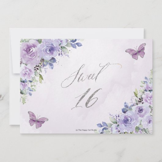 Sweet 16 16 Lila Lilac Floral Butterfliegen Dankeskarte (Rückseite)
