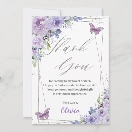 Sweet 16 16 Lila Lilac Floral Butterfliegen Dankeskarte (Vorderseite)
