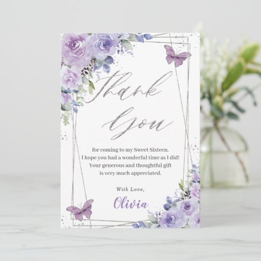 Sweet 16 16 Lila Lilac Floral Butterfliegen Dankeskarte (Stehend Vorderseite)