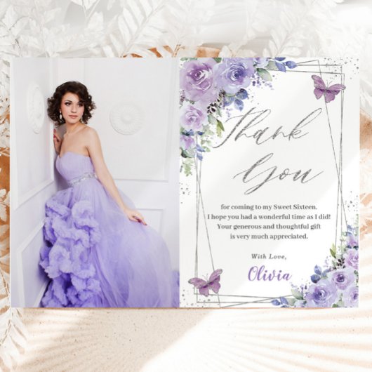 Sweet 16 16 Lila Lilac Floral Butterfliegen Dankeskarte