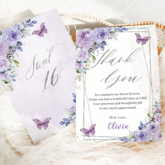 Sweet 16 16 Lila Lilac Floral Butterfliegen Dankeskarte