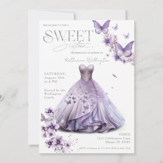Sweet 16 16 Lila Lilac Floral Butterfliegen Einladung (Vorderseite)
