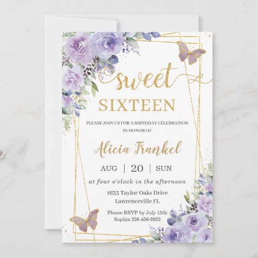 Sweet 16 16 Lila Lilac Floral Butterfliegen Einladung (Vorderseite)