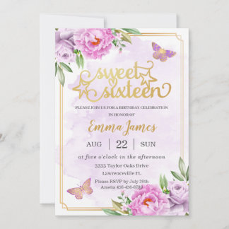 Sweet 16 16 Lila Lilac Floral Butterfliegen Einladung