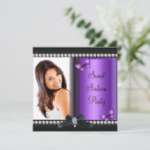 Sweet 16 16 Lila Schwarzer Schmetterling Einladung (Stehend Vorderseite)