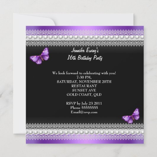 Sweet 16 16 Lila Schwarzer Schmetterling Einladung (Rückseite)