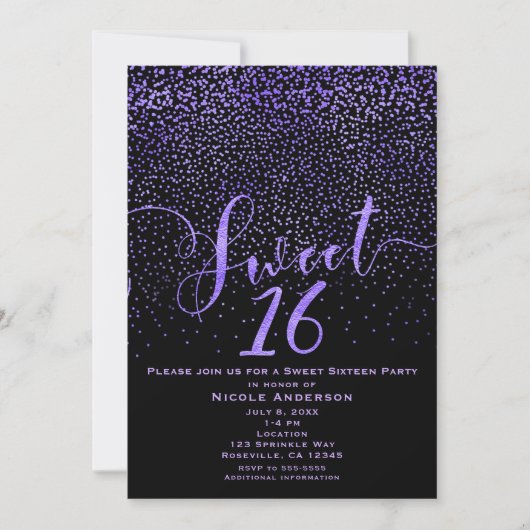 SWEET 16 16 Moderne Konfetti Lila & schwarz Einladung (Vorderseite)
