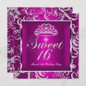 Sweet 16 16 Party Pink Plum Damask Silver Einladung (Vorne/Hinten)