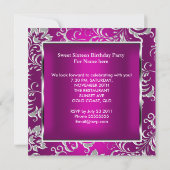 Sweet 16 16 Party Pink Plum Damask Silver Einladung (Rückseite)