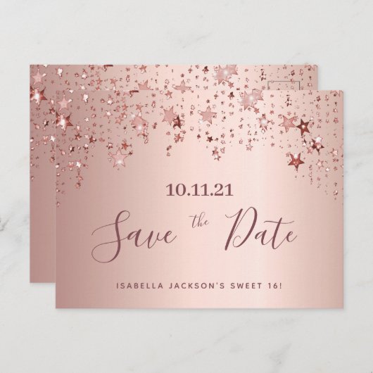 Sweet 16 16. Party Rose Goldstars Save the Date Postkarte (Vorne/Hinten)