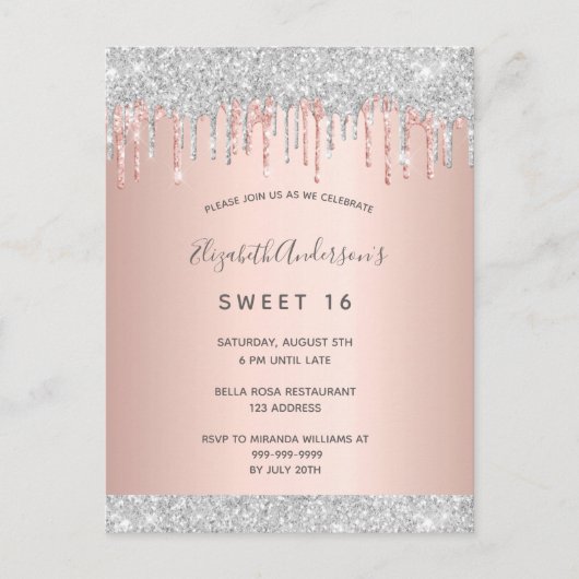Sweet 16 16. Party silber Glitzer rosa Rosa Gold Postkarte (Vorderseite)