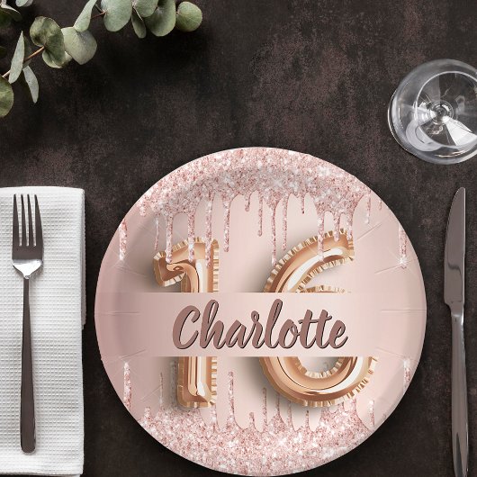 Sweet 16 16. Rose Gold Glitzer Monogramm Pappteller