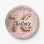 Sweet 16 16. Rose Gold Glitzer Monogramm Pappteller (Vorderseite)