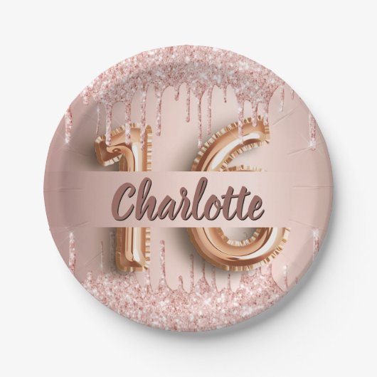 Sweet 16 16. Rose Gold Glitzer Monogramm Pappteller (Vorderseite)