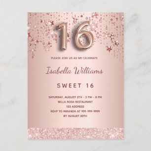 Sweet 16 16. Rose Goldstars Rosa Ballonskript Postkarte