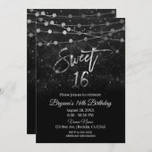 Sweet 16 16 Schwarz & Silber Funkelleuchten Einladung (Vorne/Hinten)