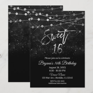 Sweet 16 16 Schwarz & Silber Funkelleuchten Einladung