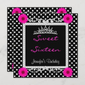 Sweet 16 16. Schwarz-weiße Stelle Pink Blumenstrau Einladung (Vorne/Hinten)