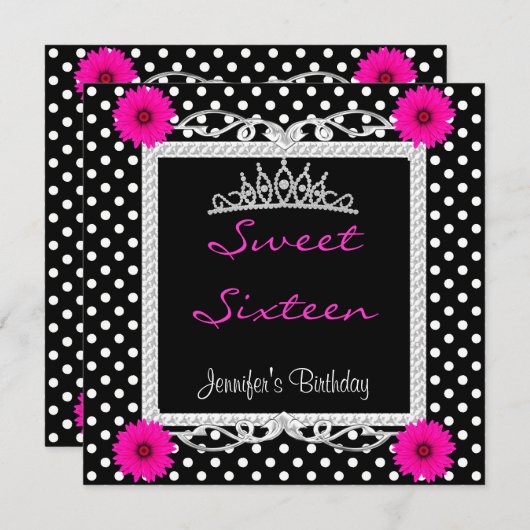 Sweet 16 16. Schwarz-weiße Stelle Pink Blumenstrau Einladung (Vorne/Hinten)