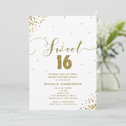 SWEET 16 16 White & Gold Confetti Ecken Einladung (Stehend Vorderseite)