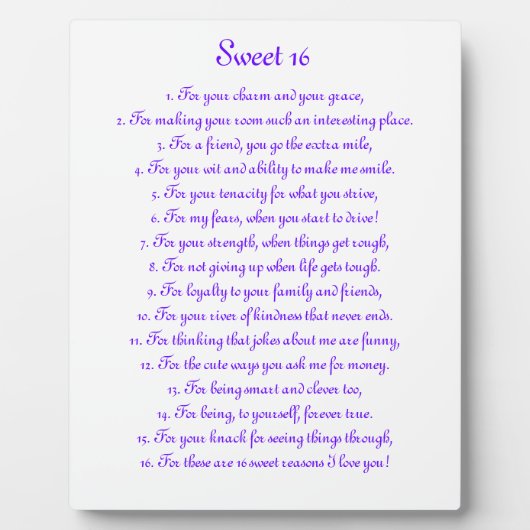 "Sweet 16" 8" x 10" Plaque Fotoplatte (Vorderseite)